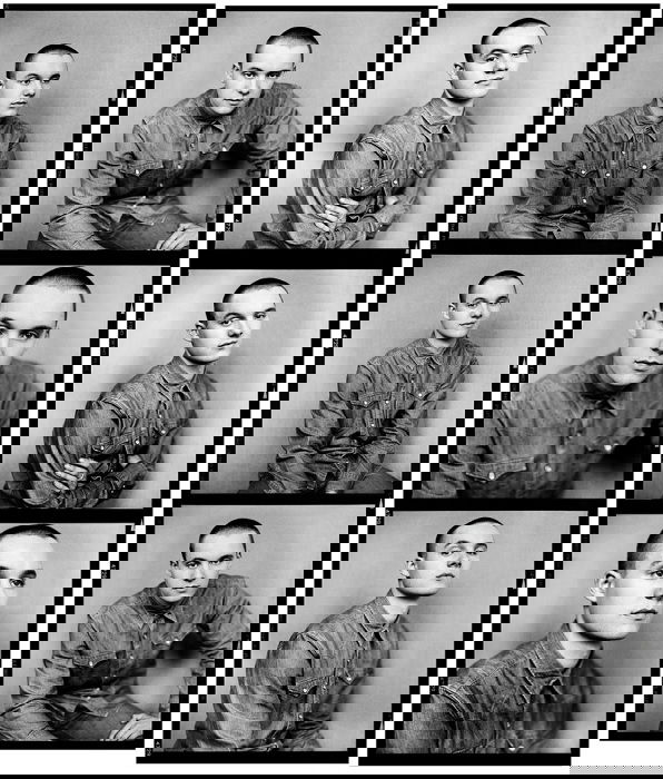 Contact sheet of 9 black and white portraits on film